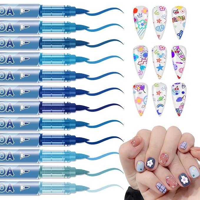 12 Colors Nail Art Pens Set, Nail Polish Pens Nail Art Drawing Markers Pen Quick Dry Waterproof Nail Art Painting Pens Kit for Home DIY Nail Art Design-Blue
