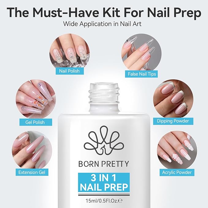 BORN PRETTY 15ML Nail Dehydrator and Nail-Primer,3-in-1 Nourishing Prep for Nails Glue Acrylic & Gel Nails,Fast Dry Superior Bonding Agent Supplies Professional Salons