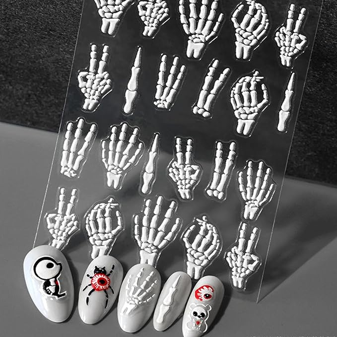Halloween Bone Nail Stickers, 4 Sheets Embossed Skeleton Finger Self-Adhesive 5D Nail Art Decals for DIY Skull Manicure