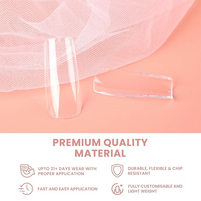 Allkem Soft Gel Nail Tips - XL Square Nail Extensions with Refill Bag - 12 Sizes Extra Long Full Cover Nails - Clear (500 Pieces)