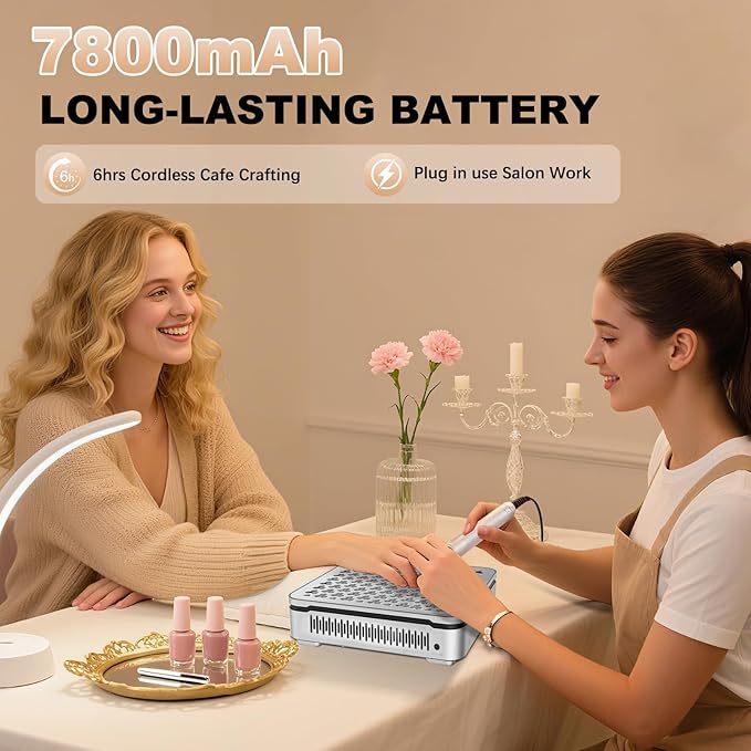 Nail Dust Collector | 1000PA Nail Dust Collector Cordless | 10 Speed Levels | Low Noise & Strong Suction | Reusable Filter, 10 Pads + Nail Dust Brush | for Acrylic Nails, Salon & Home - Silver