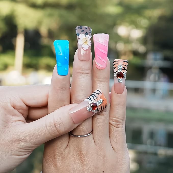 10Pcs Press on Nails Long Handmade Duck Fake Nails 3D Charms Brown Tiger Stripes Flower False Nails Blue Pink Colorful Acrylic and Multi-Layer Gel Stick on Nails (Tame the Wild Heart,M)