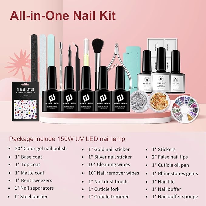 43 Pcs Gel Nail Polish Kit with U V Light 20 Colors Gel Polish Nail Kit All Season 180W UV Nail Lamp Base Top Coat Gel Nail Set Nail Art Tools