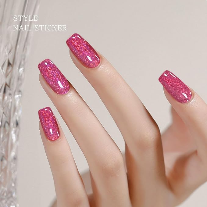 JMEOWIO Gel Nail Stickers Red Glitter Semi Cured Gel Nail Strips Wraps UV/LED Nails Art Design Decoration Accessories