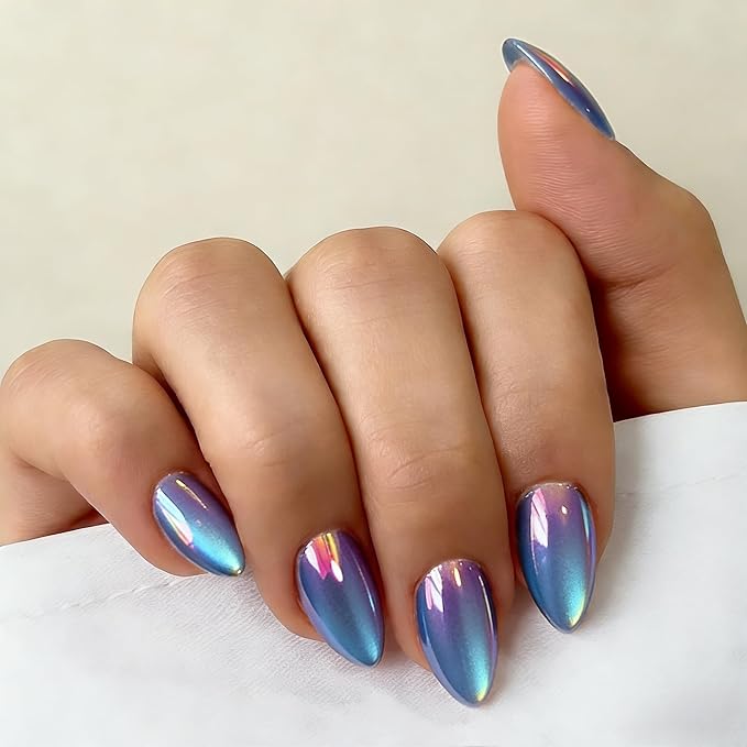 Chrome Dusty Purple Press on Nails Short Almond, Glazed Cute Fake Nails with Sparkle Mirror Design, Shiny Glitter Glue on Nails Stiletto, Gel Nail Press ons with Glue for Fingernail 30 Pcs