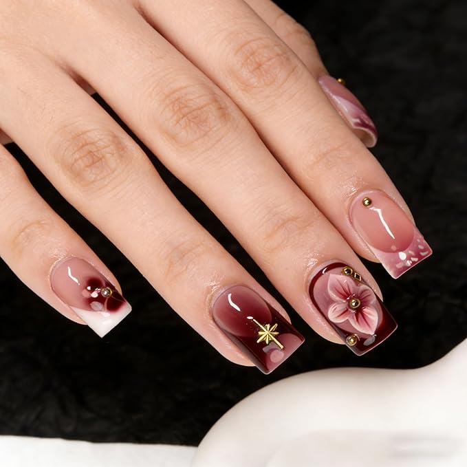 Handmade Press on Nails Glossy Cherry Red False Nails with 3D Flower & Golden Steel Designs Gradient French Tip Thicked Fake Nail Full Cover Muti-Layer Gel Acrylic Stick on Nails for Women (S)