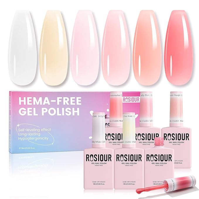18ML Jelly Gel Nail Polish Set 6 Colors, HEMA-Free Milky White Clear Nude Pink Shades Soak Off Gel Polish Kit for Long-Lasting Nail Art, Translucent Gel Nail Kits For Home Salon & DIY