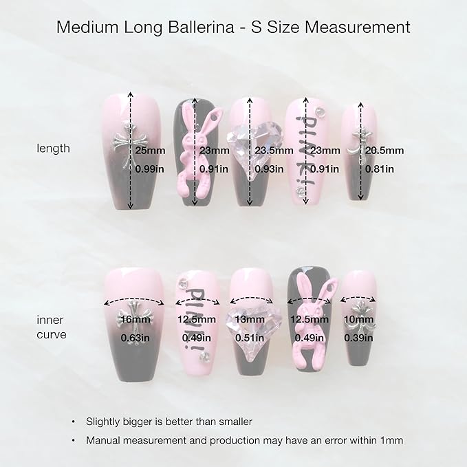 Luxury long Long Ballerina Press-On Nails, Pink and Black Gothic Design with 3D Bunny and Diamond Heart, Handmade False Nail 10 Pieces (Small, LS)