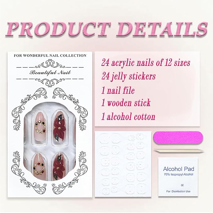 Christmas Press on Nails Medium Almond MABKJLF Fake Nails 3D False Nails with Flower Bow Tree Pearls Gold Ball Glitter Designs Glossy Glue on Nail Winter Acrylic Nails for Women Girls 24Pcs