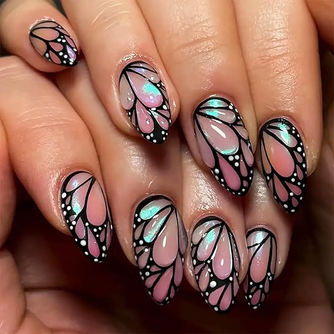 Press on Nails Medium Almond MABKJLF Fake Nails Unique False Nails with Black Butterfly Polka Dots Designs Full Cover Glossy Glue on Nail Acrylic Nails for Women Girls 24Pcs
