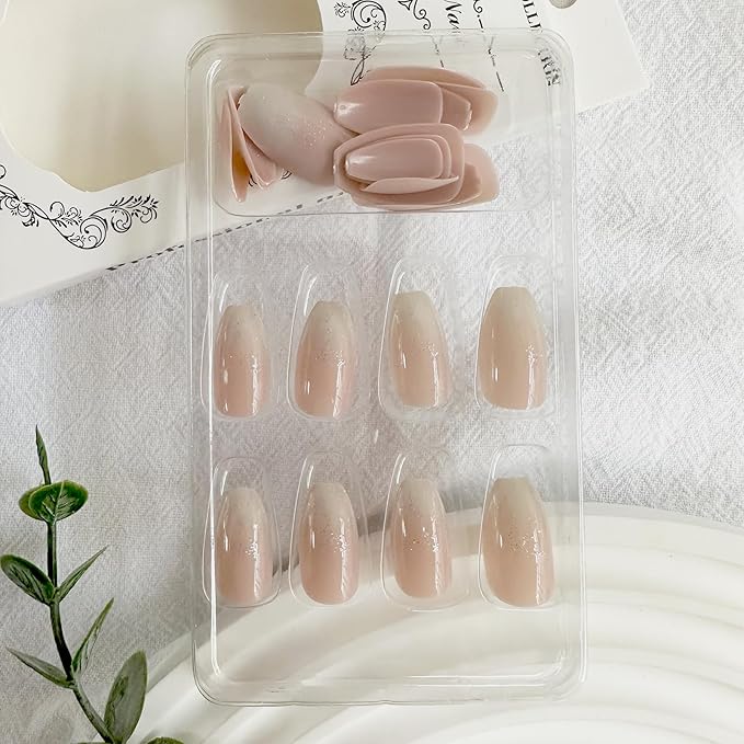 Ombre Press on Nails Medium Coffin Fake Nails Pink Gradient False Nails with Glitter Designs Glossy Glue on Nail Bling Shiny Full Cover Acrylic Stick on Nail for Women Manicure 24Pcs