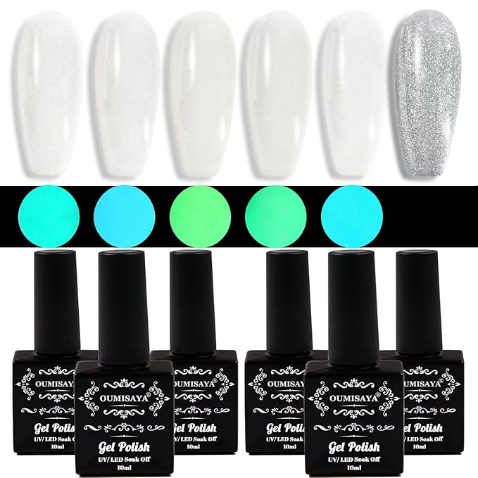 Glow in the dark Milky White Gel Nail Polish Colors Set with silver cat eye gel polish (GP016)