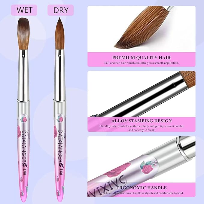 5PCS Valentine Acrylic Nail Brush Set - Size 8/10/14/16/18 Brushes for Acrylic Powder Application, 3D Carving & Nail Art Extension, Pink Flower Handle Nail Tools for DIY Salon Manicure