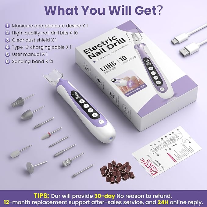 Nail Drill, Electric Nail File & 10-Speed Cordless Nail File, 10 in 1 Kit for Thick Toenails, 2000mAh Rechargeable Portable Manicure Pedicure Kit with LED Display Ideal Gift for Men & Women(Purple)