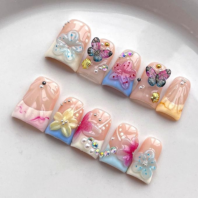 French Tip Press on Nails Handmade Short Duck 3D Flower Thick Acrylic Nails Cute False Nails with Stars Butterfly Polka Dots Designs Beachy Glossy Fake Nail Sturdy Art Press on Nail 10Pcs(S)