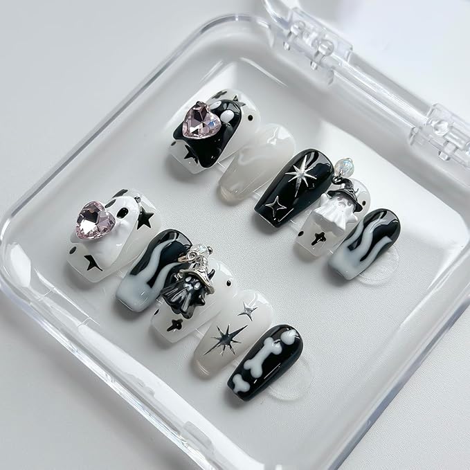 Halloween Press on Nails Medium Coffin Handmade Nails 3D Unique Reusable ABS Material Fake Nails Black&White False Nails with Designs Cute Ghost Charms Glossy Glue on Nail Thick Acrylic Nail(M)