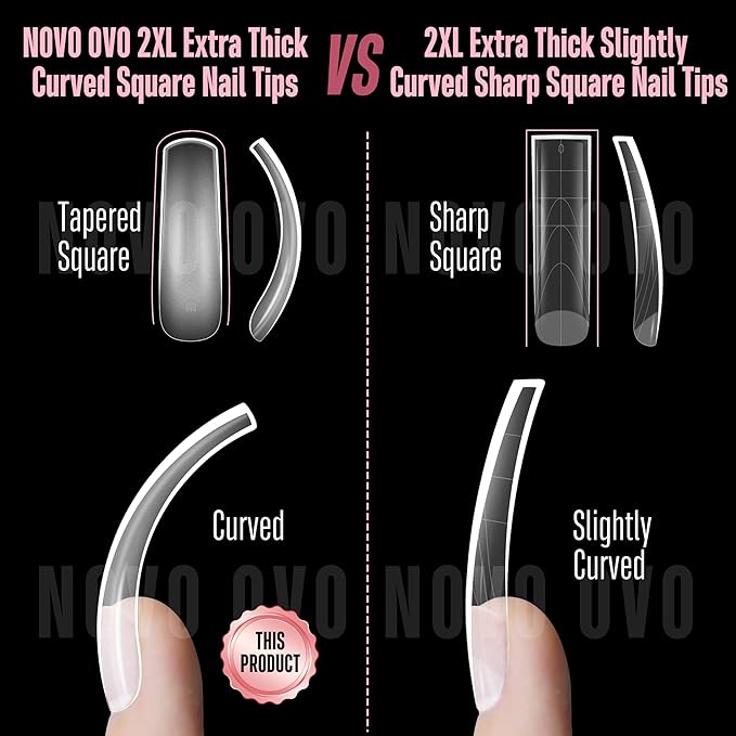 NOVO OVO Halloween XXL Curved Nail Tips Press on Full Cover, Tapered Square Gel x Extra Thick Long XL Acrylic Fake Nails Extension kit, Clear Pre-etched Soft French False Nail 12 Sizes 300pcs