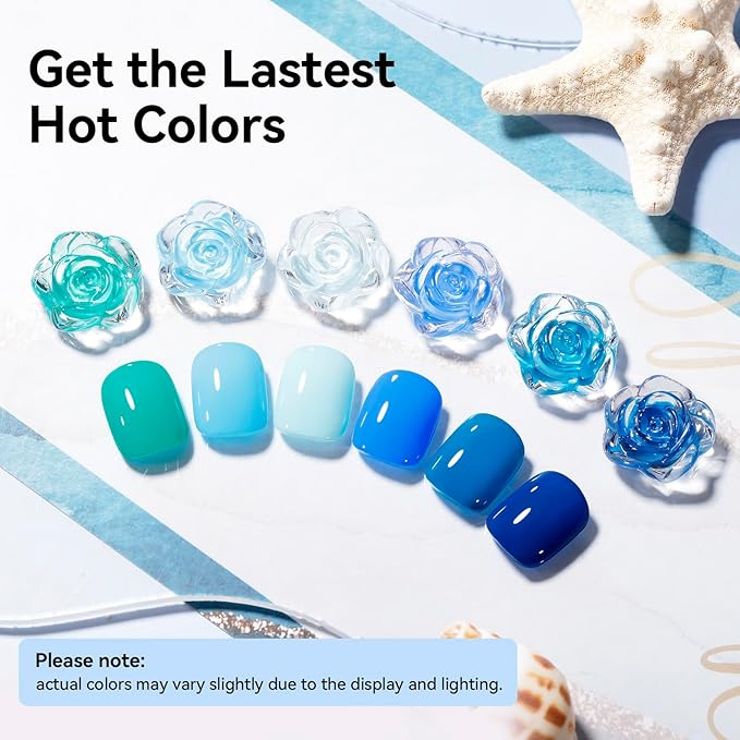 Blue Nail Polish Set: 6 Colors Light Blue Dark Navy Teal Ocean Baby B lue Collection Toe Fingernail Polish, Quick Dry Non Gel, High Gloss Shine, Healthy Nail Art DIY Manicure Gift