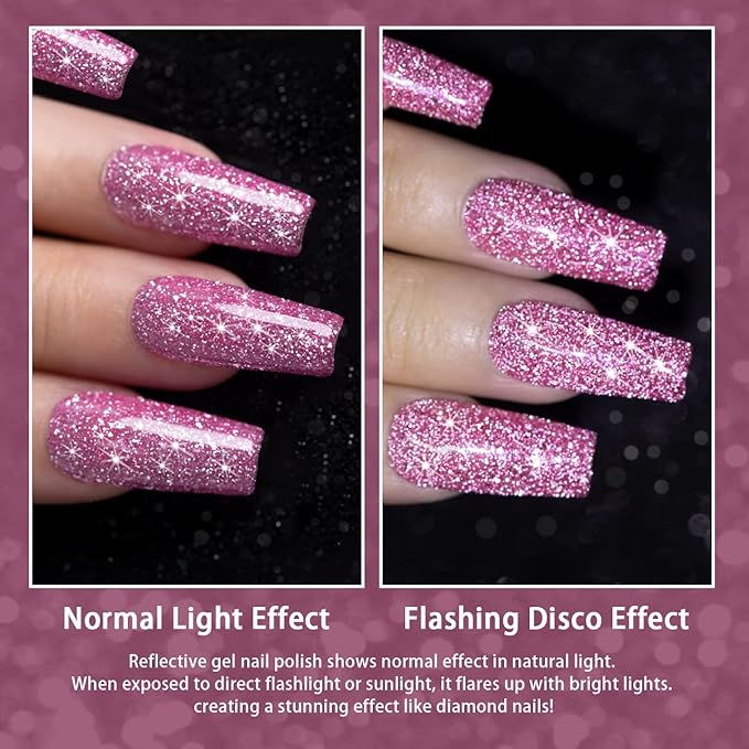 RARJSM Reflective Glitter Gel Polish Rose Pink Sparkle Rainbow Shimmer Gel Nail Polish Holographic 7.5ml Soak Off LED UV Bright Disco Diamond Nail Gelpolish Nail Art Manicure Salon DIY Home