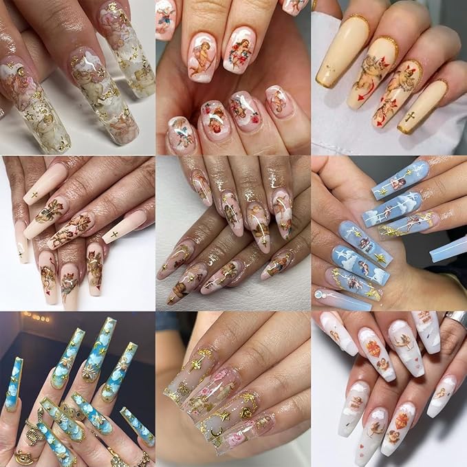8 Sheets Angel Nail Stickers for Nails Art Cupid Nail Art Stickers 3D Self-Adhesive Rose Heart Angel Wings Designs Valentines Day Nail Decals for Women Holiday Manicure Decorations DIY