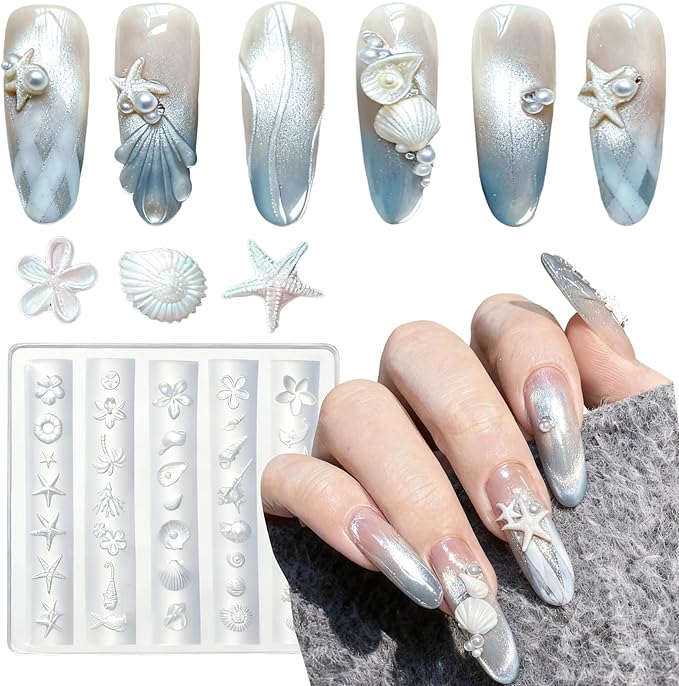 Biutee 3D Nail Molds for Nail Art, Sea Shell Silicone Nail Molds DIY Ocean Charms Nail Molds for 3D Sculpting Molding Gel Nail Desgin Nail Manicure Carved Mould Resin Epoxy Mold