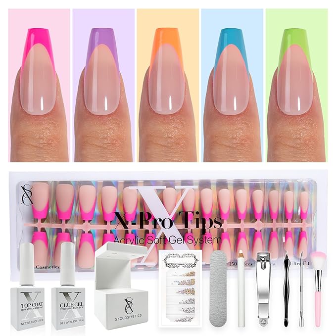 SXC Cosmetics X-Pro Tips French Tip Press On Nails - Bright Pastel Glow in the Dark Series (GLOW120KIT-M Coffin)