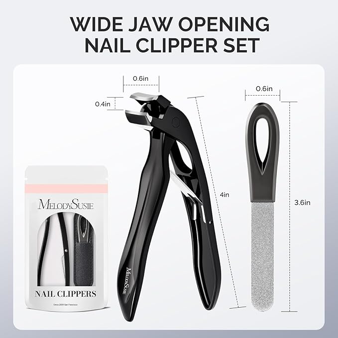 MelodySusie Wide Jaw Opening Nail Clippers, Toenail Clippers for Seniors Thick Nails, Angled Head Large Nail Clippers for Men Women with Nail File, Fingernail Cutter with Catcher Long Handle, Black