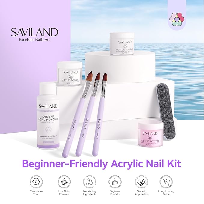 SAVILAND Acrylic Nail Kit for Beginners: 15g Clear White Pink Acrylic Nail Powder and Liquid Set with Size 8,10,14 Brushes, Forms & Tools for Extensions, 3D Sculpting, DIY Salon Manicure Supplies