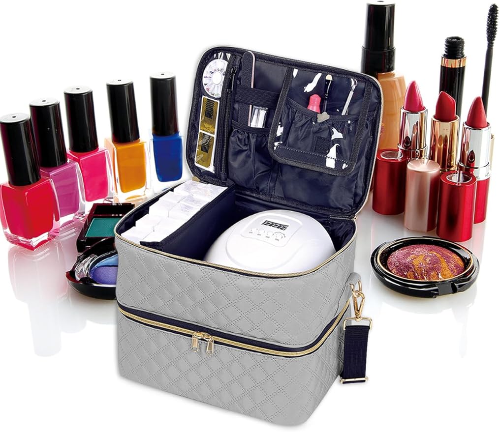 Nail Polish Organizer Case Holds 40 Bottles(15ml/0.5fl.oz) and Nail Lamp, Double Layer Nail Polish Storage with Adjustable Dividers,Portable Carrying Bag for Nail Kit, Manicure Tools Grey
