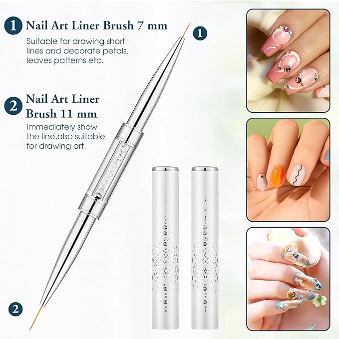 2pcs Hard Gel Nail Brush, French Manicure Brush French Tip Nail Gel Liner Brush, Builder Gel Brushes for Design Nails Dual-Ended Nail Design Brushes Rhinestone Handle Nail Brush Professional Nail Art