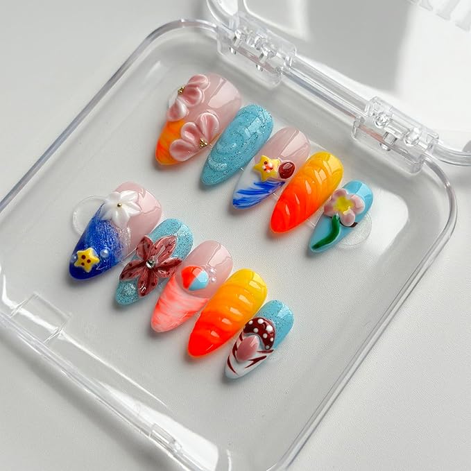 Luxury Press on Nails Medium Almond Handmade 3D Unique Reusable ABS Material Fake Nails French Tip False Nails with Designs Mushroom Floral Summer Glossy Glue on Nail Thick Acrylic Nail(M)