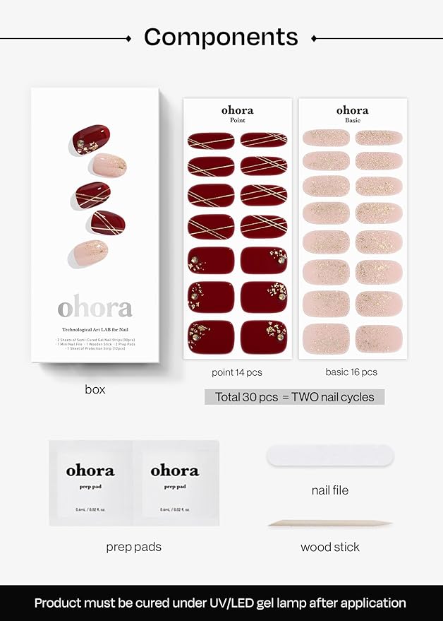 ohora Semi Cured Gel Nail Strips (N Ruby Glint) - Works with Any Lamps, Salon-Quality, Long Lasting, Easy to Apply & Remove - Includes 2 Prep Pads, Nail File & Wooden Stick