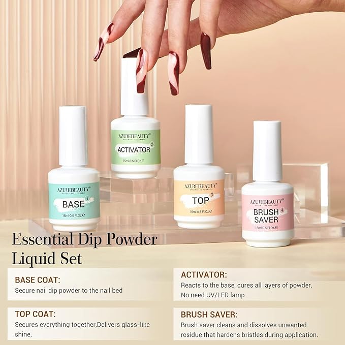 AZUREBEAUTY Dip Powder Liquid Set 15ml/0.5oz 8 Pcs Dipping Base Activator and Top Coat Brush Saver Nail File Necessary Tools for Dip Kit No Lamp Needed