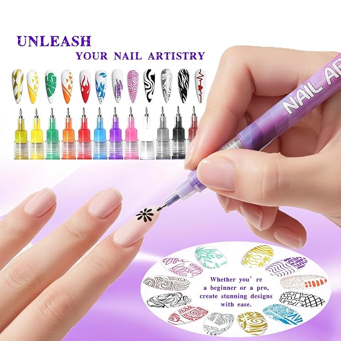 Nail Art Pens Set 12 Colors Nail Art Markers, Polish Pen for 3D Nail Art, Drawing Painting Liner Brush for DIY Nail Art Beauty Adorn Manicure Tool (N1)