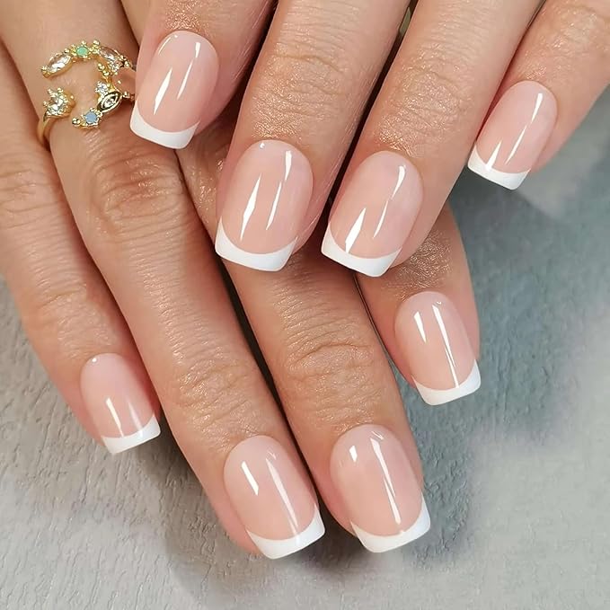 Press On Nails - Frenchie Kiss | Classic French Manicure, UV Finish Square Nails, Reusable, Salon Quality | 32 Nails, 16 Sizes Kit with Glue and Adhesive Tabs