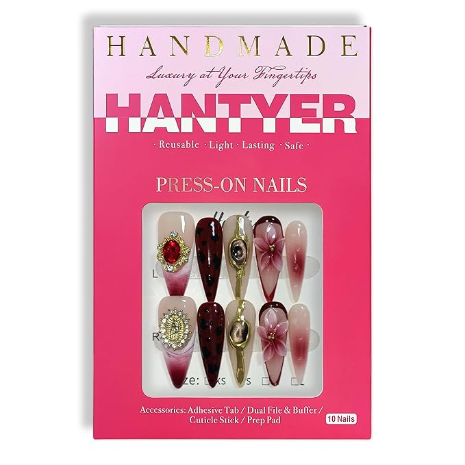 Nude & Red Press on Nails with 3D Floral Cat Eye Carving & Gold Statue Charms, Long Stiletto Glossy Iced Baroque Fake Nails, Reusable Luxury Vintage False Nails for Women Gala Opera (Size L)