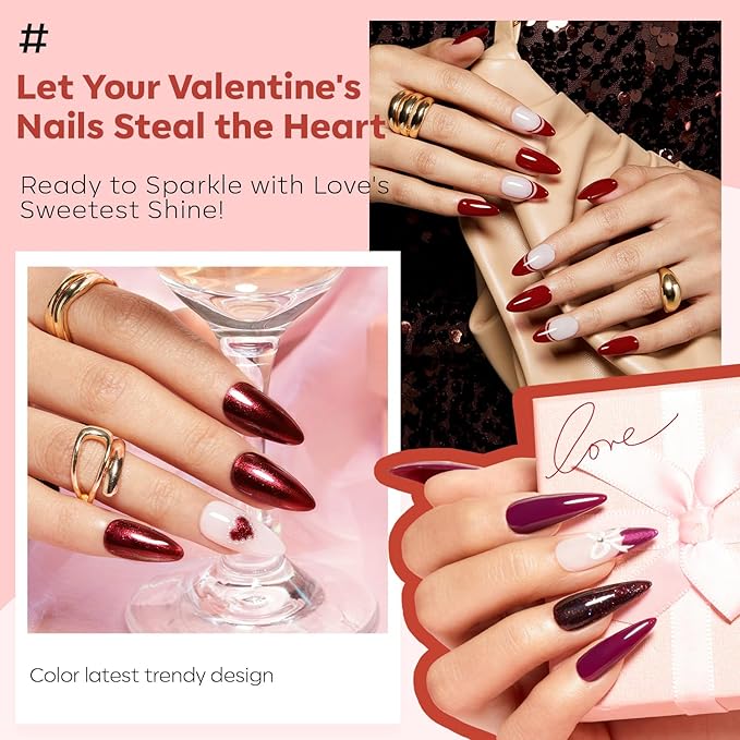 modelones Red Nail Polish Set 6 Colors, Valentines Cat Eye Burgundy Glitter Dark Purple Quick Dry Mini Nail Lacquer Kit Magnetic DIY Home Nail Art Manicure Gifts for Women Girls