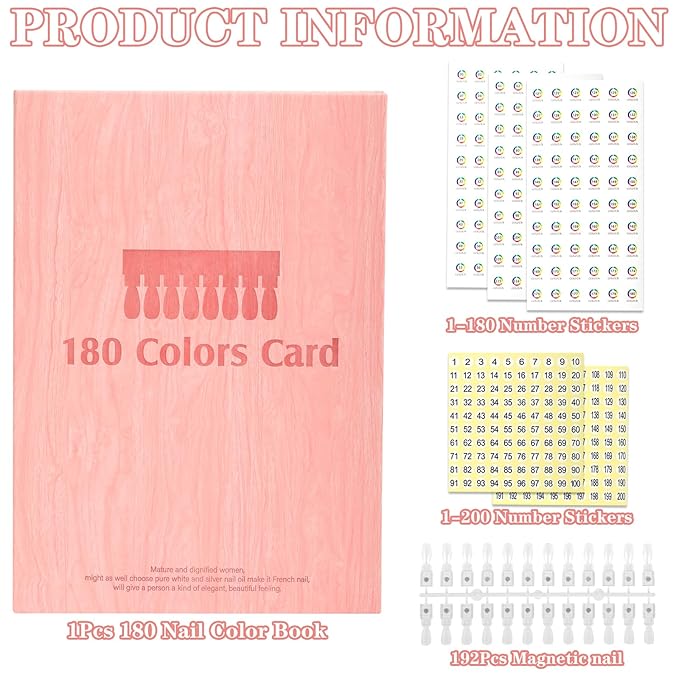 Magnetic Nail Swatch Book,180 Nail Color Display Book with 192 Magnetic Tips,Professional Nail Salon Color Display Book for Easy Preview & Storage
