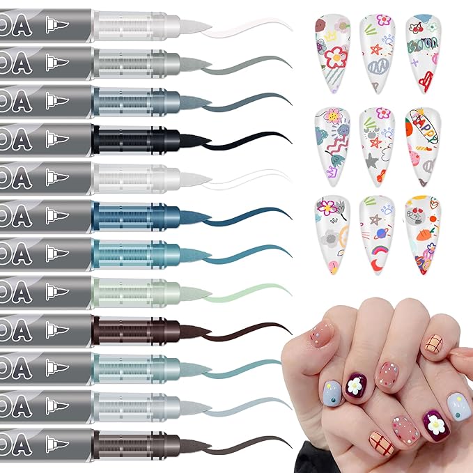 12 Colors Nail Art Pens Set, Nail Polish Pens Nail Art Drawing Markers Pen Quick Dry Waterproof Nail Art Painting Pens Kit for Home DIY Nail Art Design-Gray