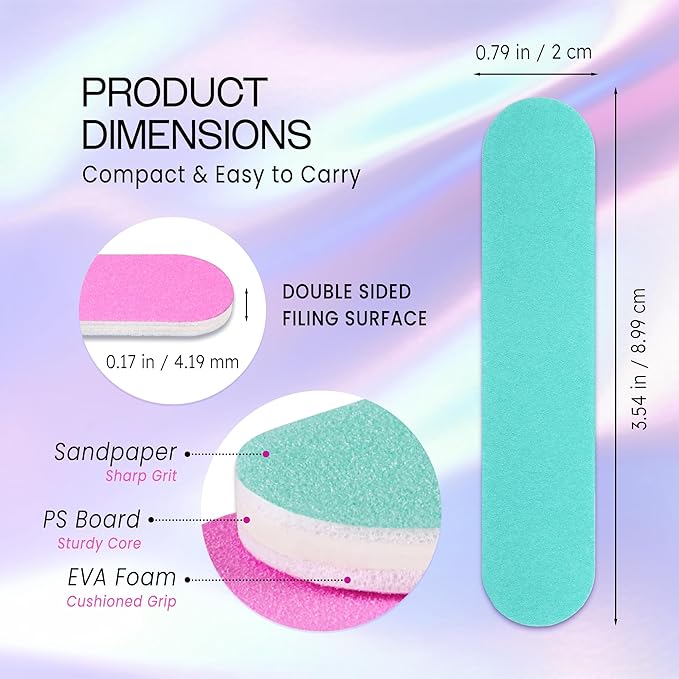 25PCS Mini Size PANA Professional Double Sided Nail Files - Pink&Teal, 180/180 Grit - Emery Board Nail Buffering File Manicure Pedicure Nail Polisher Washable
