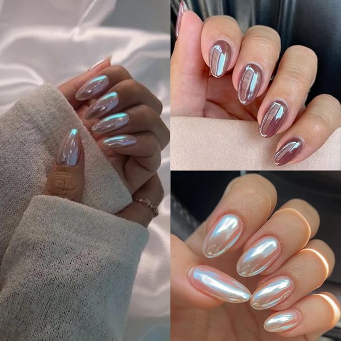 2Pcs White Chrome Nail Powder Clear Blue Glass Effect Super Glossy Glazed Donut Chrome Powder for Nails Art, Pearl Nail Glitter Pigment Dust for Gel Nails Polish Design with Tools