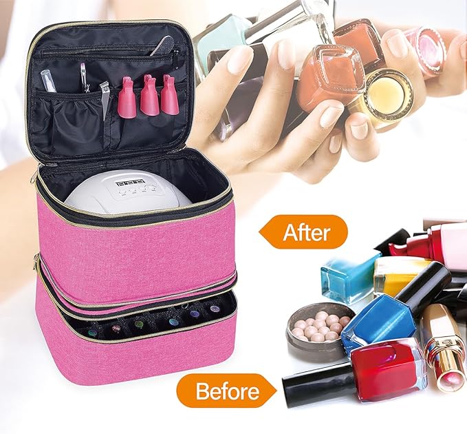 Nail Polish Organizer, Handheld Double Layer Nail Polish Storage with Adjustable Dividers, Holds 30 Bottles (15ml/0.5 fl.oz) for Nail Polish Lamp Manicure Tools and Essential Oil, Wine
