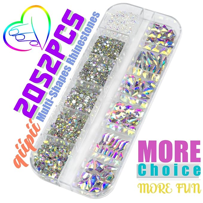 2052Pcs Crystal AB Nail Rhinestones 72 Multi Shapes Crystal White AB Rhinestones for nails Flatback Big Nail Gems +1980 K9 Glass Round Beads Stones Diamonds Nail Charms Art for Nails Faces Eyes