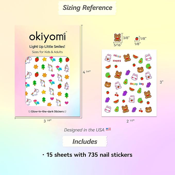 15 Sheets of Nail Stickers for Kids - 735 Cute Nail Stickers - Nail Decals for Girls - Flower, Bunny, Unicorn, Bear, Fruits | Glow in The Dark