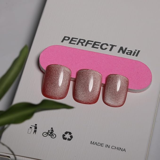 Cat Eye Press On Nails Short Square, Red Fake Nails with Dewy Gloss Red and White Gradient Effect, Glossy Gel Finish Acrylic Nails Press Ons Short,Natural Reusable Glue On Nails For Women, Jelly Rouge