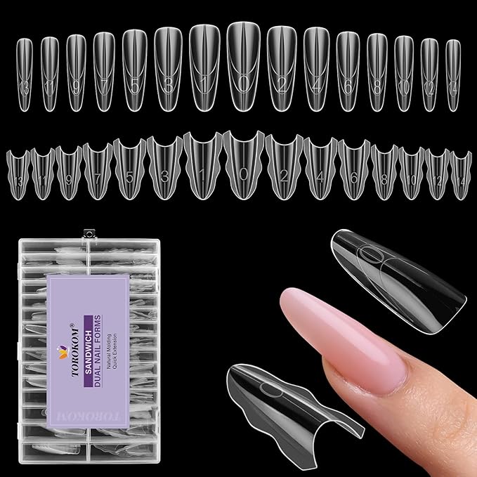 TOROKOM Sandwich Nails Dual Forms - 240Pcs Dual Forms for Builder Gel & Poly Gel 15 Sizes Almond Round Nail Mold for Quick Nails Extension, No Paper Forms Needed, Salon Nail Art Tools