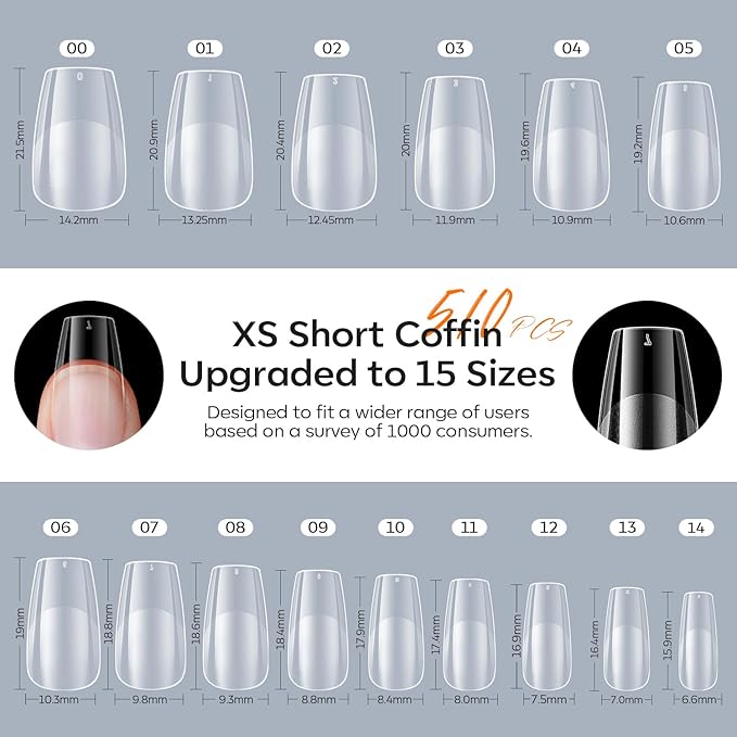 modelones X Nail Gel Kit Short Coffin, Upgrade 510Pcs Fake Nails 15Sizes, 9-in-One Glue Prep Dehydrator & Mini U V Light Clipper, Pre-shaped Half Matte Press on Short Coffin Tips for DIY Salon