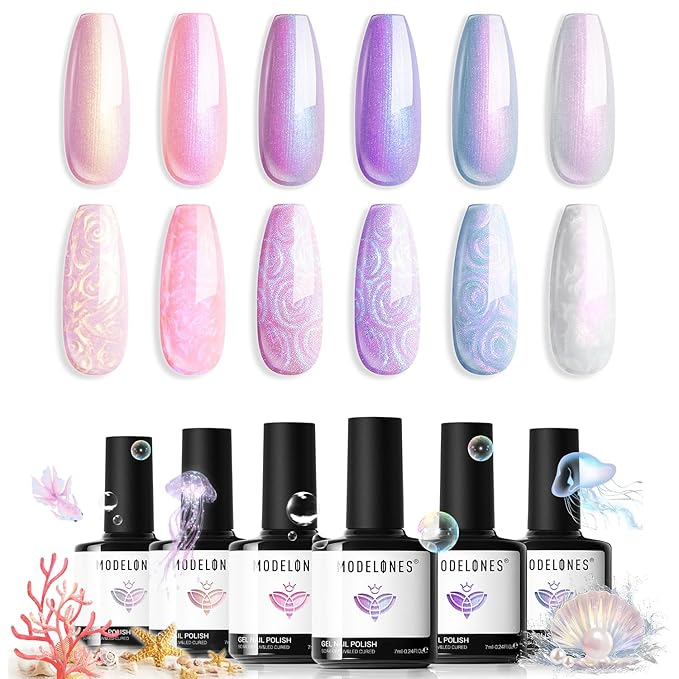 Modelones Gel Nail Polish, 6 Colors 2026 Spring Pastel Shimmer Pearl White Pink Purple Mermaid Nail Drawing Glitter Gel Polish with Dotting Pen Soak Off LED Swirl Shell Thread Effect DIY Nail Art Gift