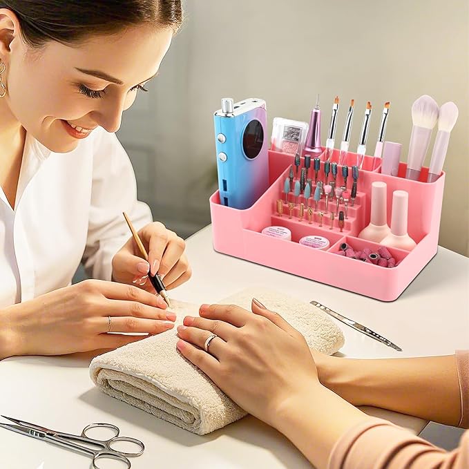 Nail Drill Holder & 28 Holes Nail Drill Bits Holder, Transparent Acrylic Nail Drill Machine Storage Box, Professional Nail Drill Organizer Case for Manicure tools (Pink02)