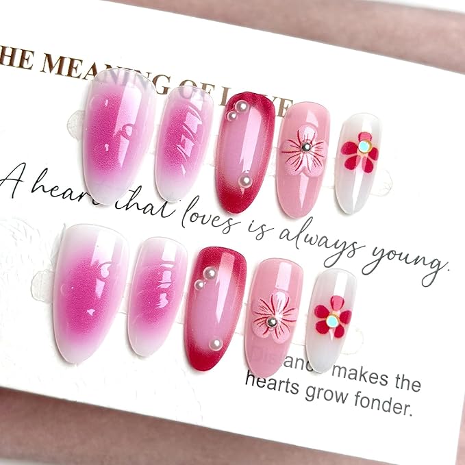 Press on Nails Medium Almond, 30 Pcs Handmade 3D Pink Flowers Embossed Designs, Glossy Nude Fake Nails, Reusable Glue On Nails, Full Cover Acrylic Nails for Women